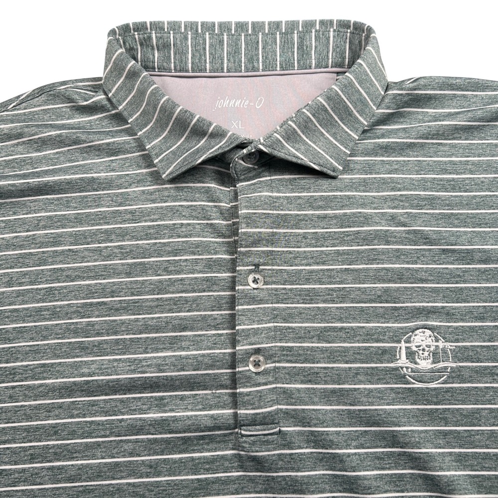 Johnnie-O Newton Polo Mens XL Green Striped Skull Logo Golf Performance Stretch